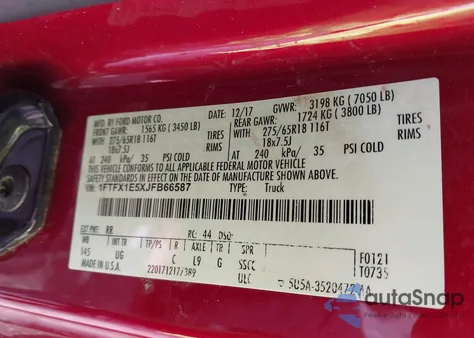 2018 Ford F-150 Xlt из США, поврежденный, VIN 1FTFX1E5XJFB66587